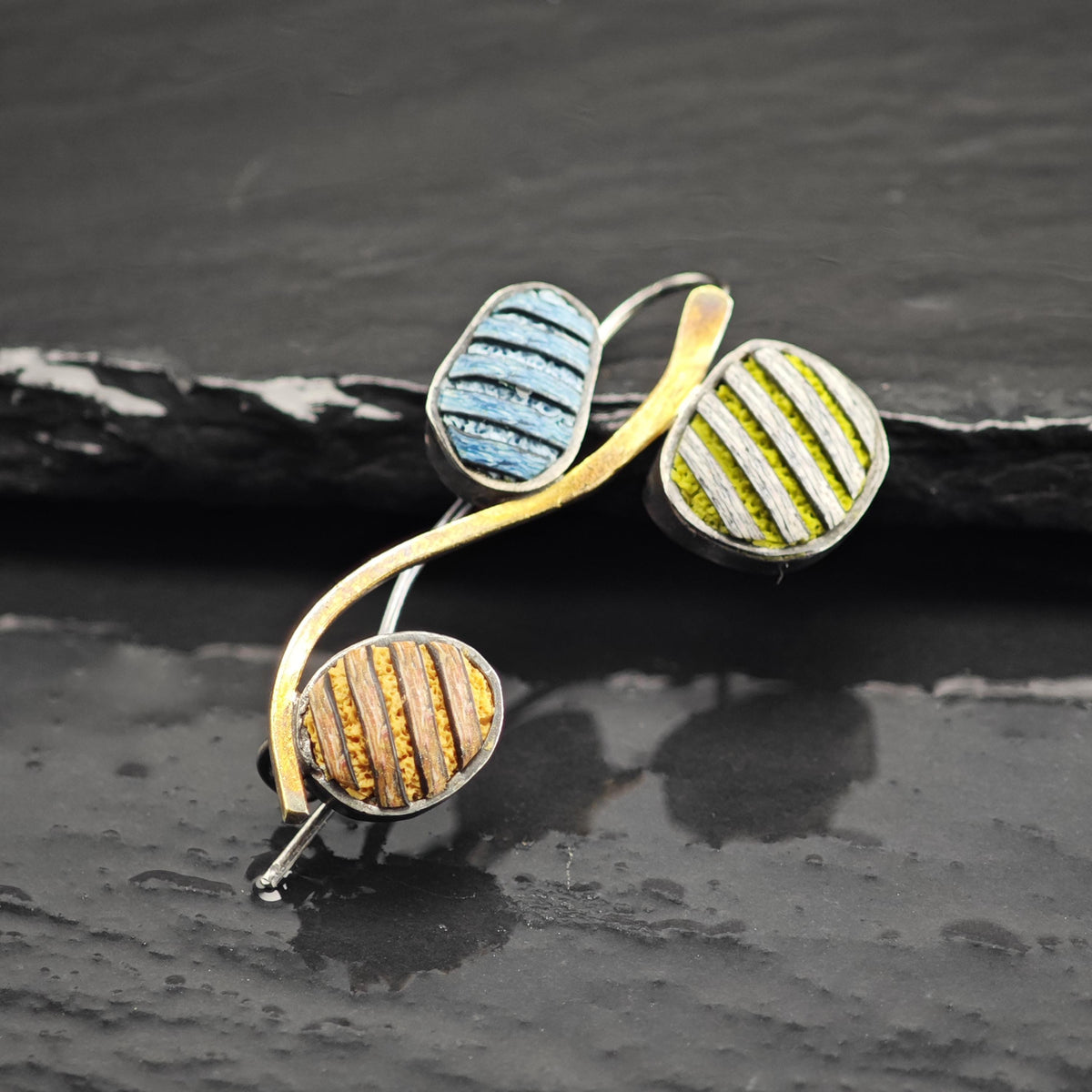 Artisan Abstract, Gold Accent Multicolor Carved Stones Sterling Silver Brooch B2253