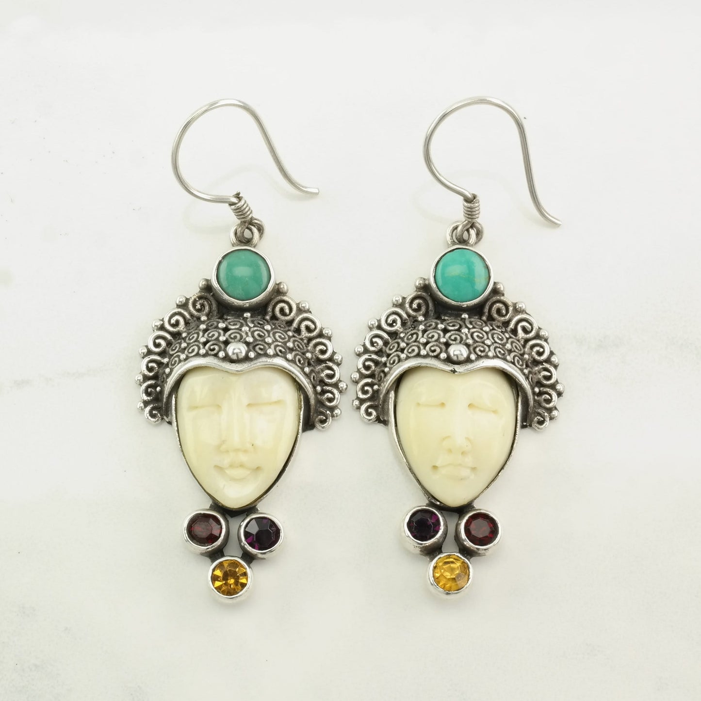 Sterling Silver Multi Stone, Carved Face Earrings Fish hook