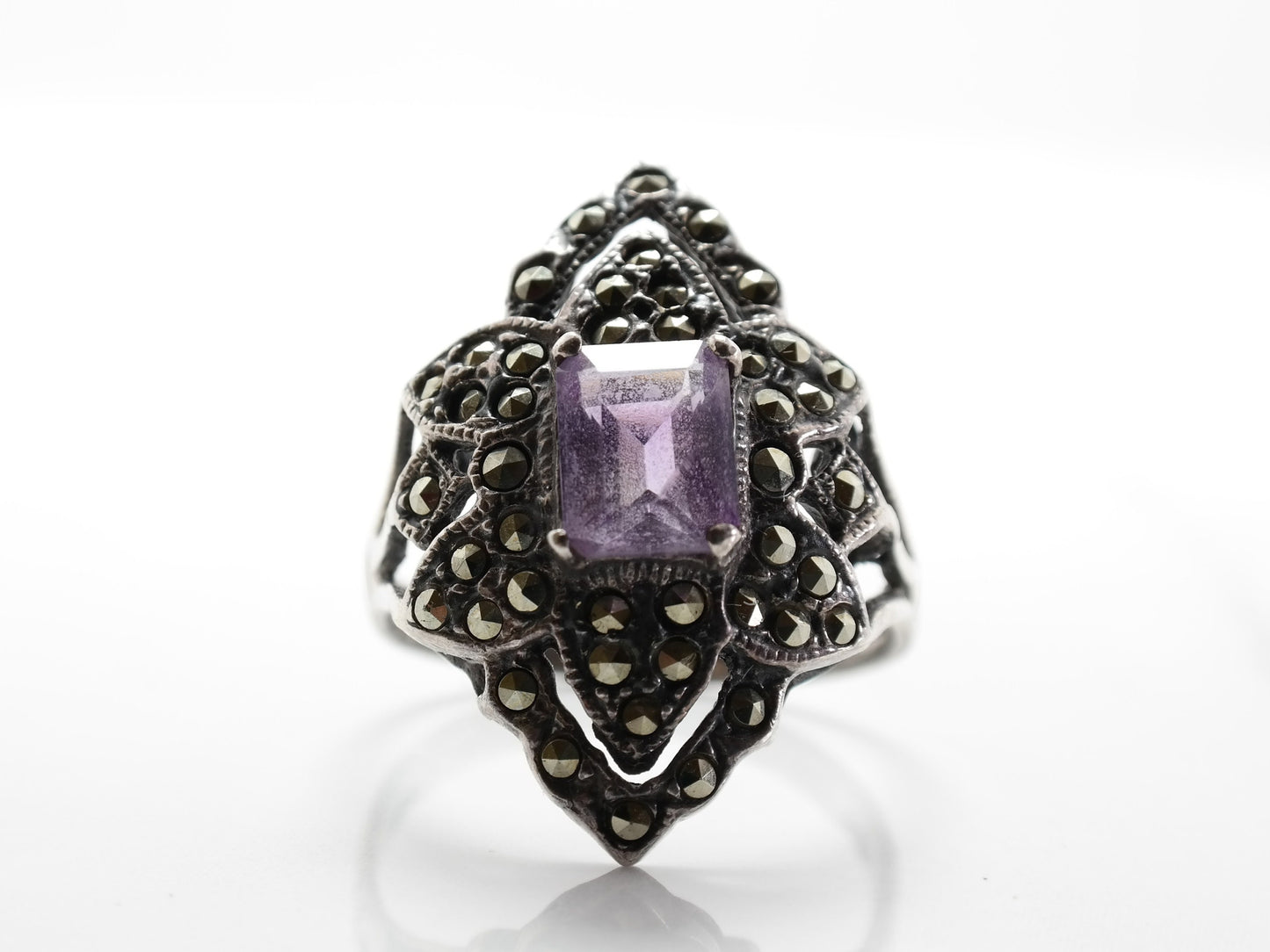 Sterling Silver Ring Amethyst Marcasite Size 10