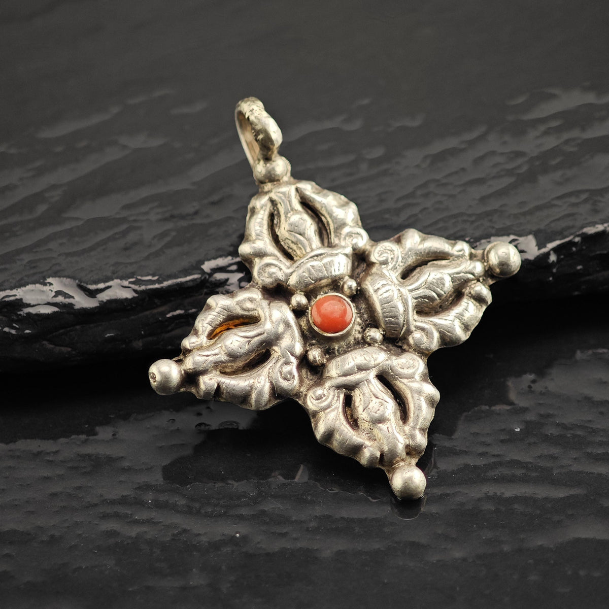 Etruscan Coral Cross Sterling Silver Pendant P3144