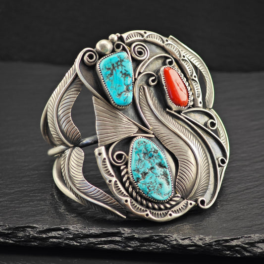 Large Turquoise Coral Cuff Bracelet Native American Sterling Silver
