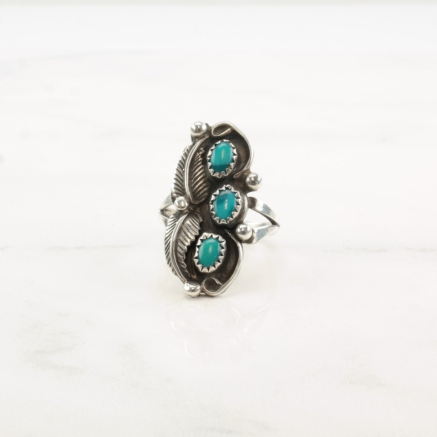 Vintage Native American Silver Ring Turquoise Leaf Sterling Size 8 1/4