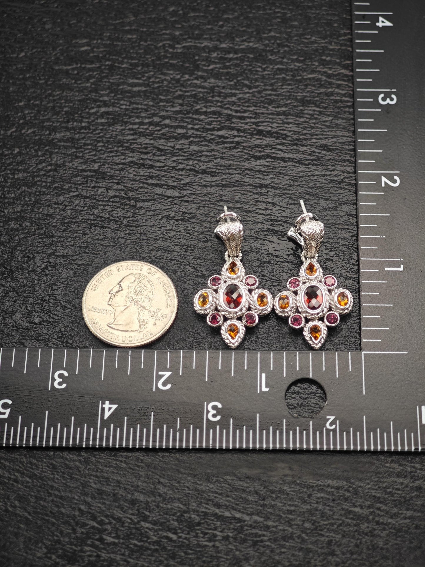 Judith Ripka Garnet Citrine Floral Sterling Silver Omega Back Earrings
