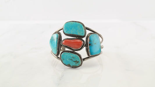 Native American Sterling Silver Cuff Bracelet Blue, Orange Turquoise, Coral