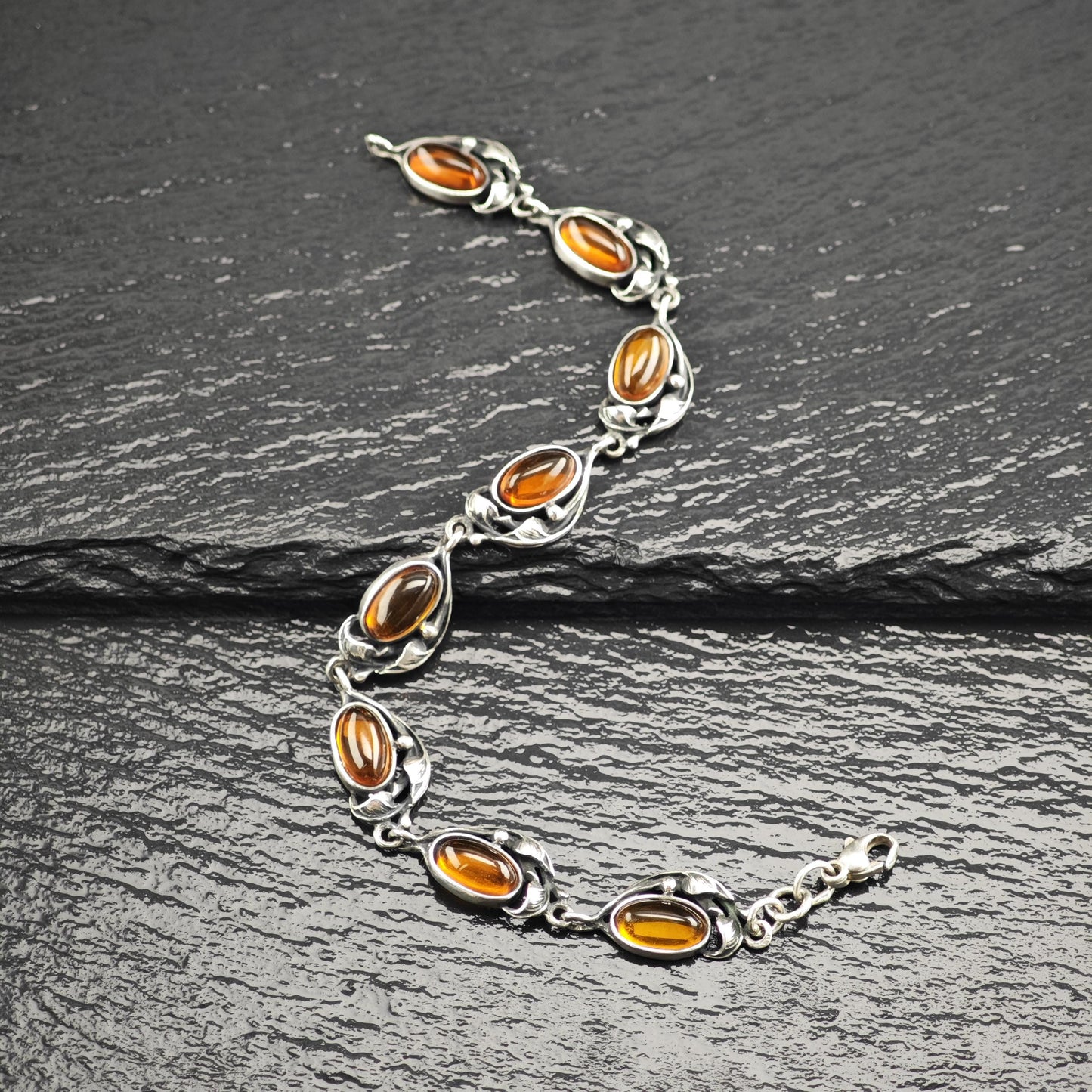 Art Nouveau Style Amber Link Bracelet Sterling Silver