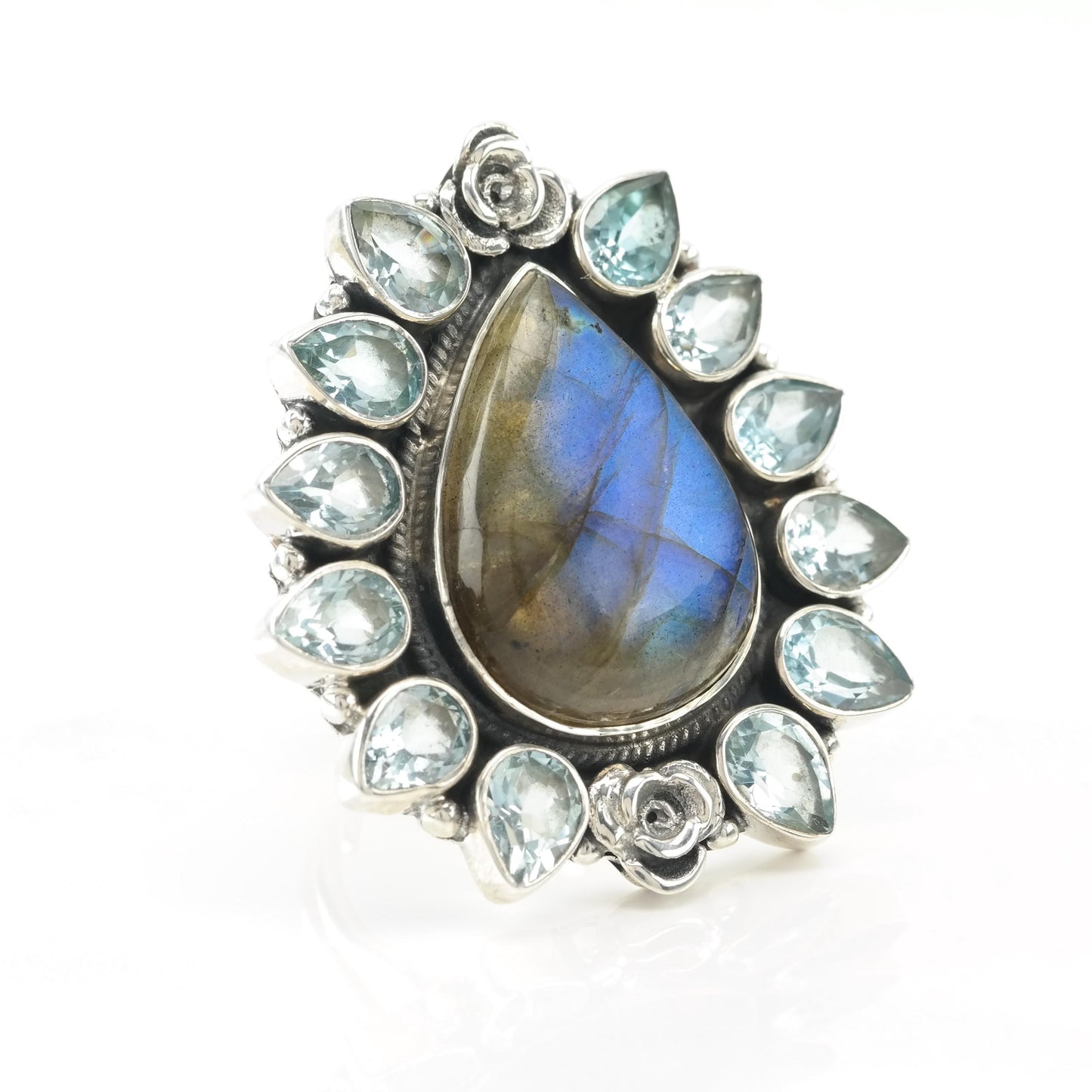 Vintage Large Topaz Labradorite Sterling Silver Ring Blue Rainbow Adjustable