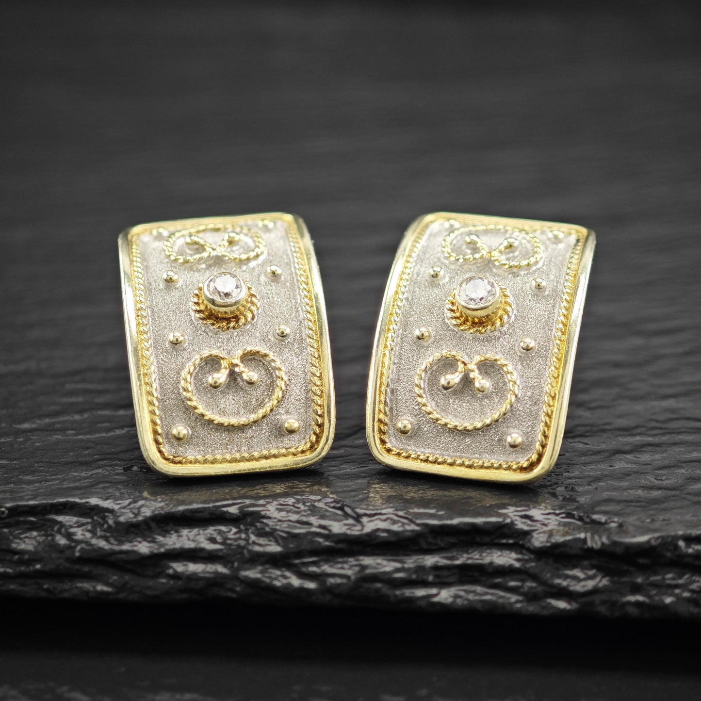 Vintage Greek Rectangular White, Gold CZ Stud Earrings Sterling Silver