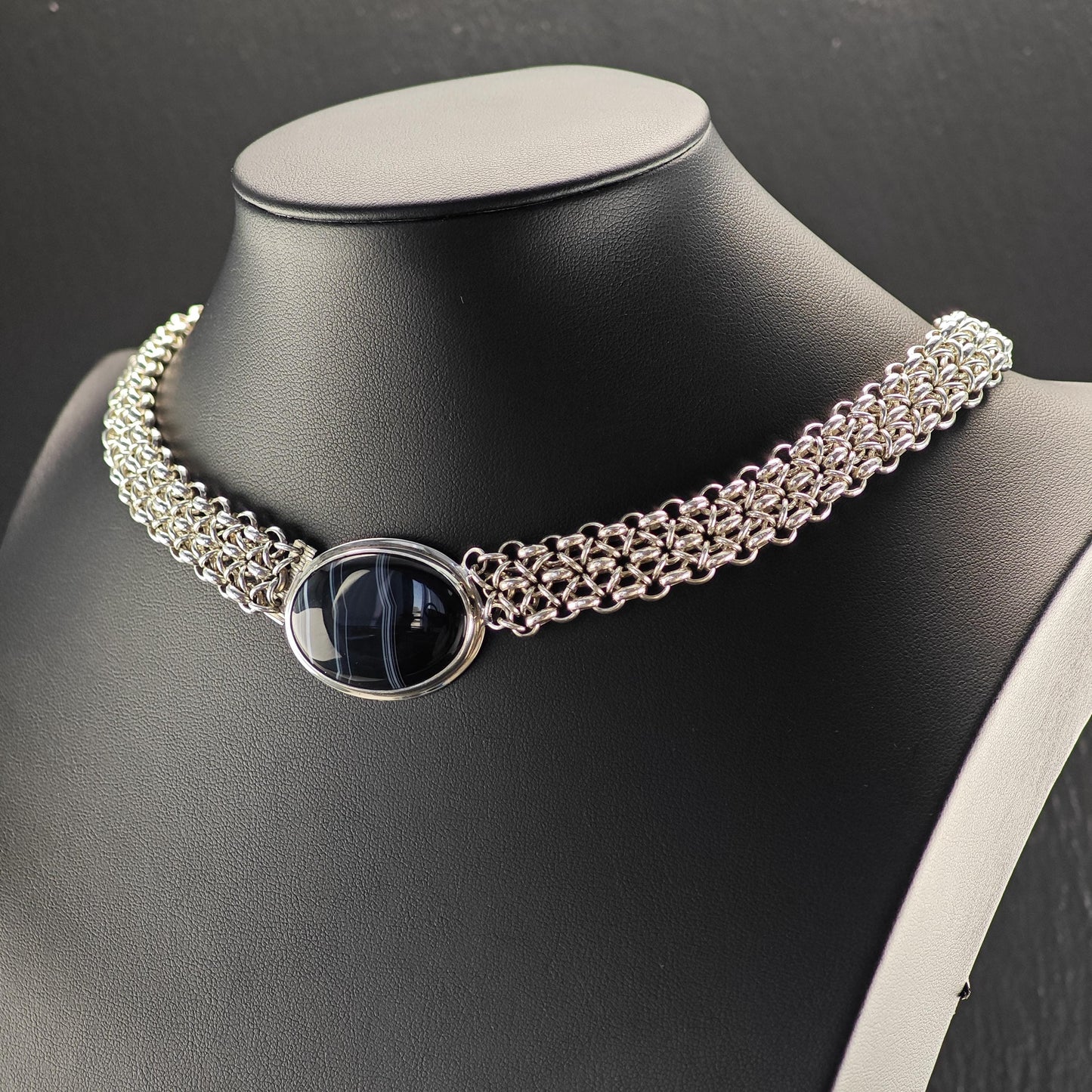 Handmade Designer Black, White Banded Agate Oval Necklace Sterling Silver N2563