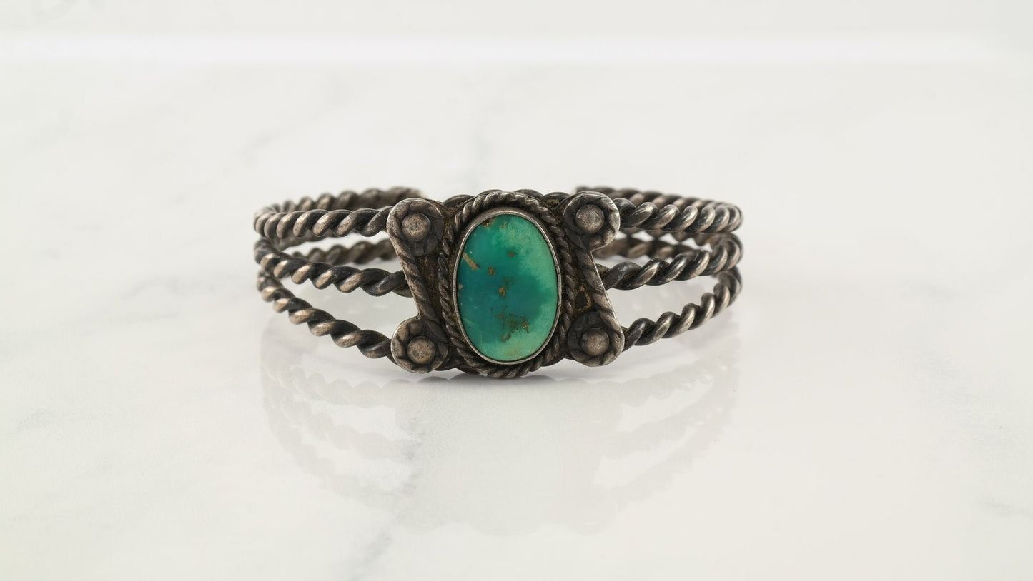 Native American Sterling Silver Cuff Bracelet Greenish Blue Braided Rope Turquoise