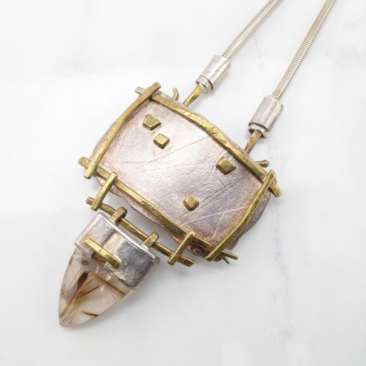 Studio Crafted Sterling Silver & Rutilated Quartz Necklace | Mixed Metals Pendant | Modernist Design