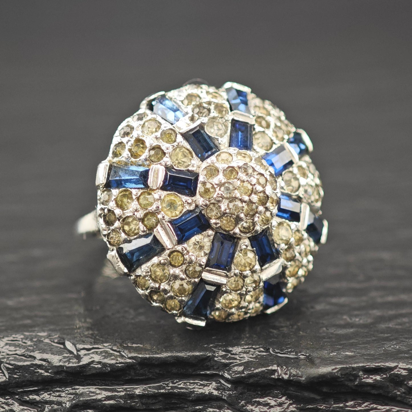 Art Deco Blue and White Dome Ring Sterling Silver Shank