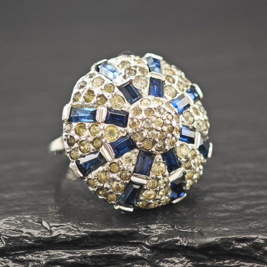 Art Deco Blue and White Dome Ring Sterling Silver Shank