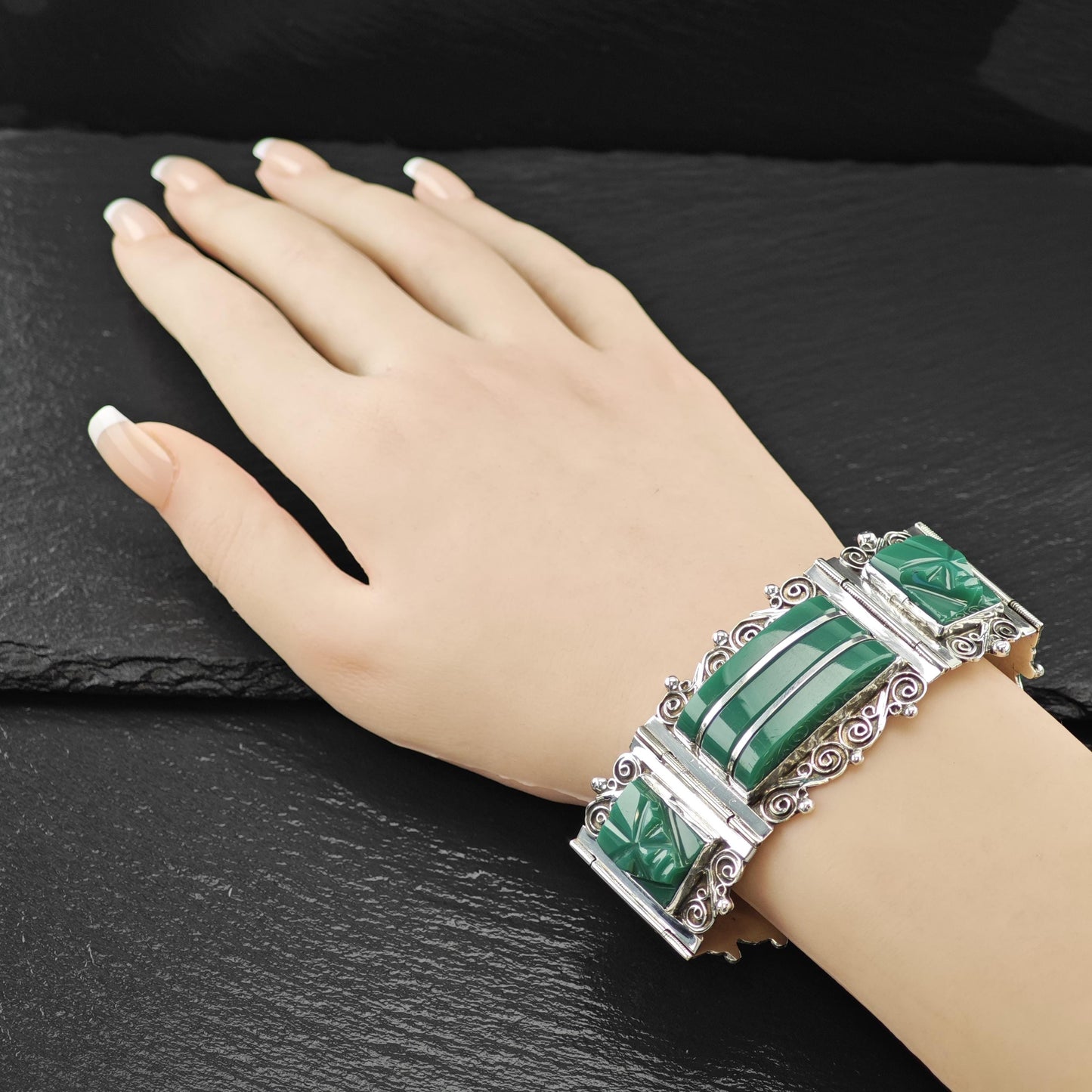 Carved Face Green Onyx Panel Bracelet Sterling Silver Size 7"