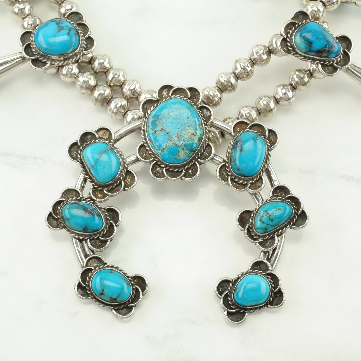 Vintage Native American Yazzie Sterling Silver Blue Turquoise Floral Squash Blossom Necklace