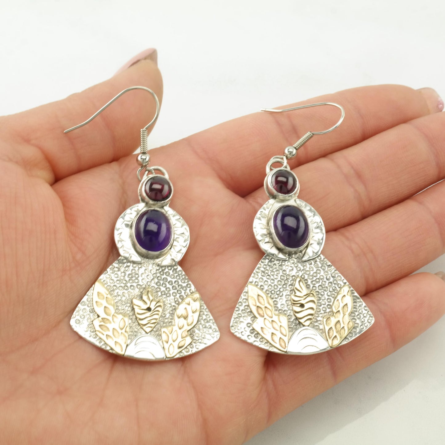 Vintage Studio Gold tone Amethyst, Garnet, Large Angel Shape Sterling Silver Fish Hook Earrings