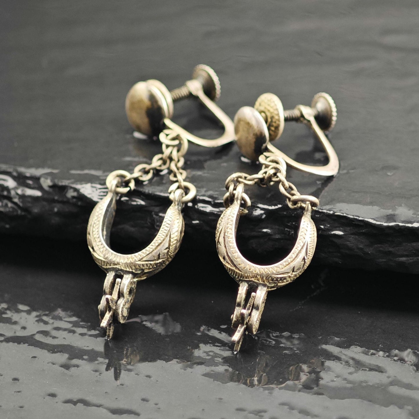 Antique Stirrups Equestrian Screw Back Sterling Silver Earrings ER3166