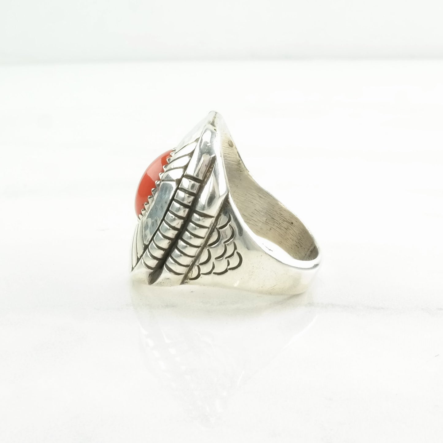 Native American Silver Ring Coral Shadowbox Sterling Red Size 11 1/4