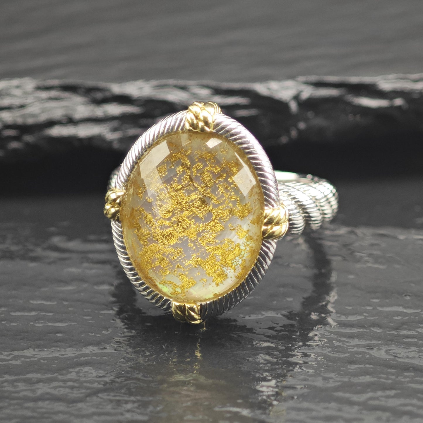 Judith Ripka Gold Flake Quartz Doublet & Gold Accent Sterling Silver Ring Sz 8 R6685