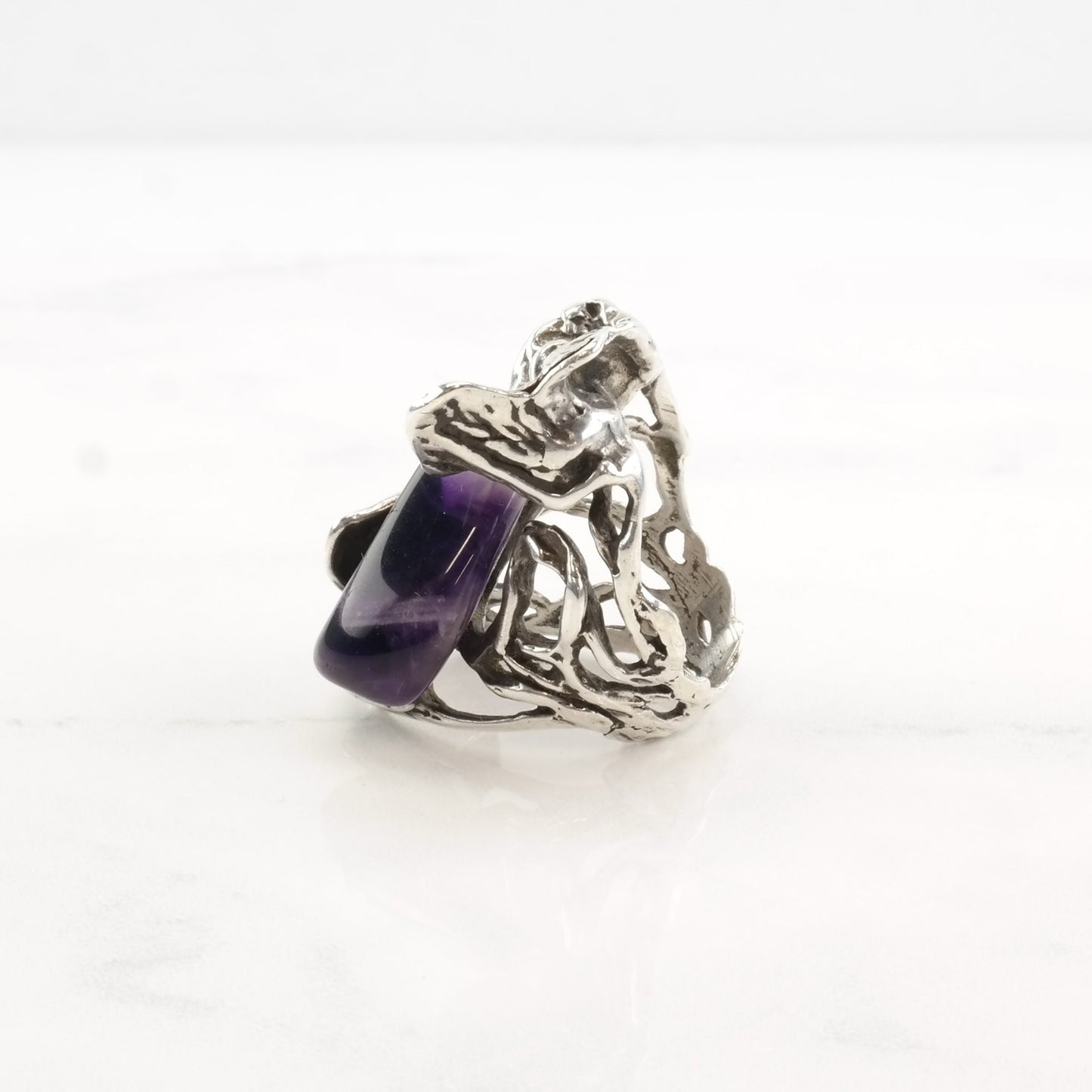 Brutalist Silver Ring Amethyst Leaf Flower Sterling Size 7 1/2