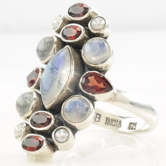 Vintage Nicky Butler Ring Moonstone, Garnet, Pearl Cluster Sterling Silver Size 12