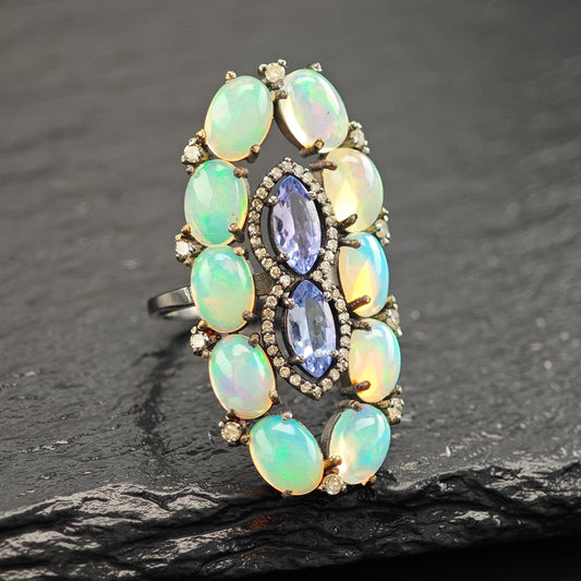 Oxidized Sterling Silver Ring with Diamond Tanzanite Opal