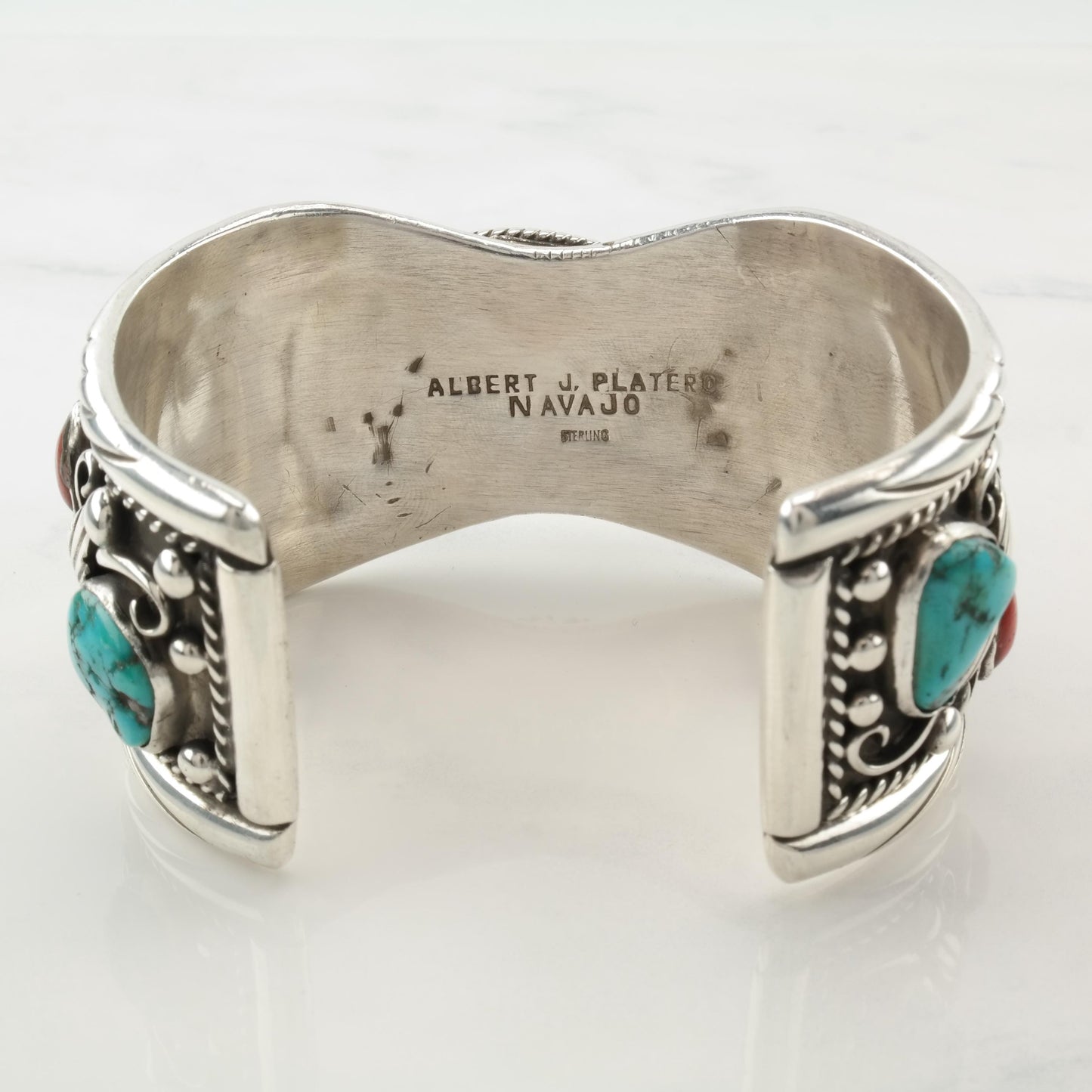 Native American Cuff Bracelet Sterling Silver Turquoise Coral Platero Navajo