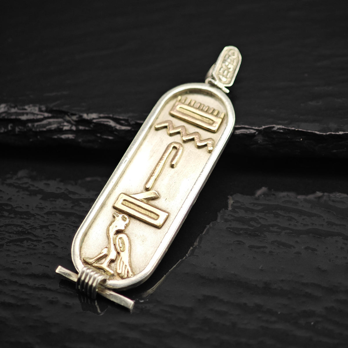 Large Egyptian Cartouche Gold Accent Sterling Silver Pendant P3095