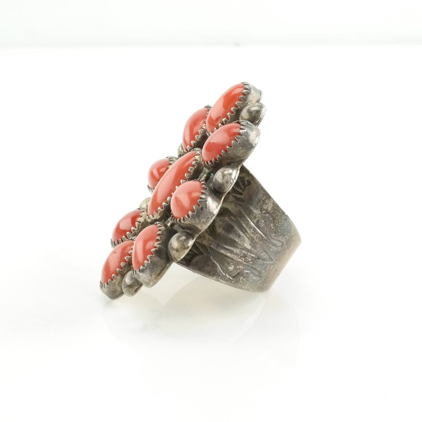 Native American Silver Ring Coral Floral Sterling Red Size 9 1/4