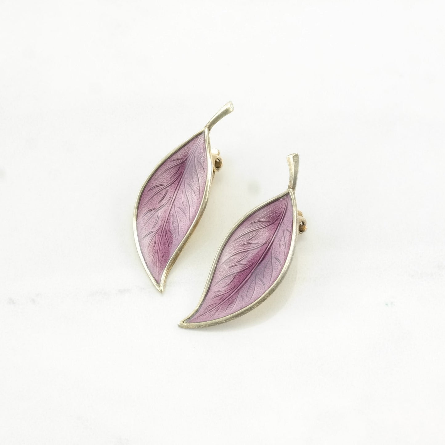 Vintage Sterling Silver Clip On Earrings Denmark Purple Enamel Leaf