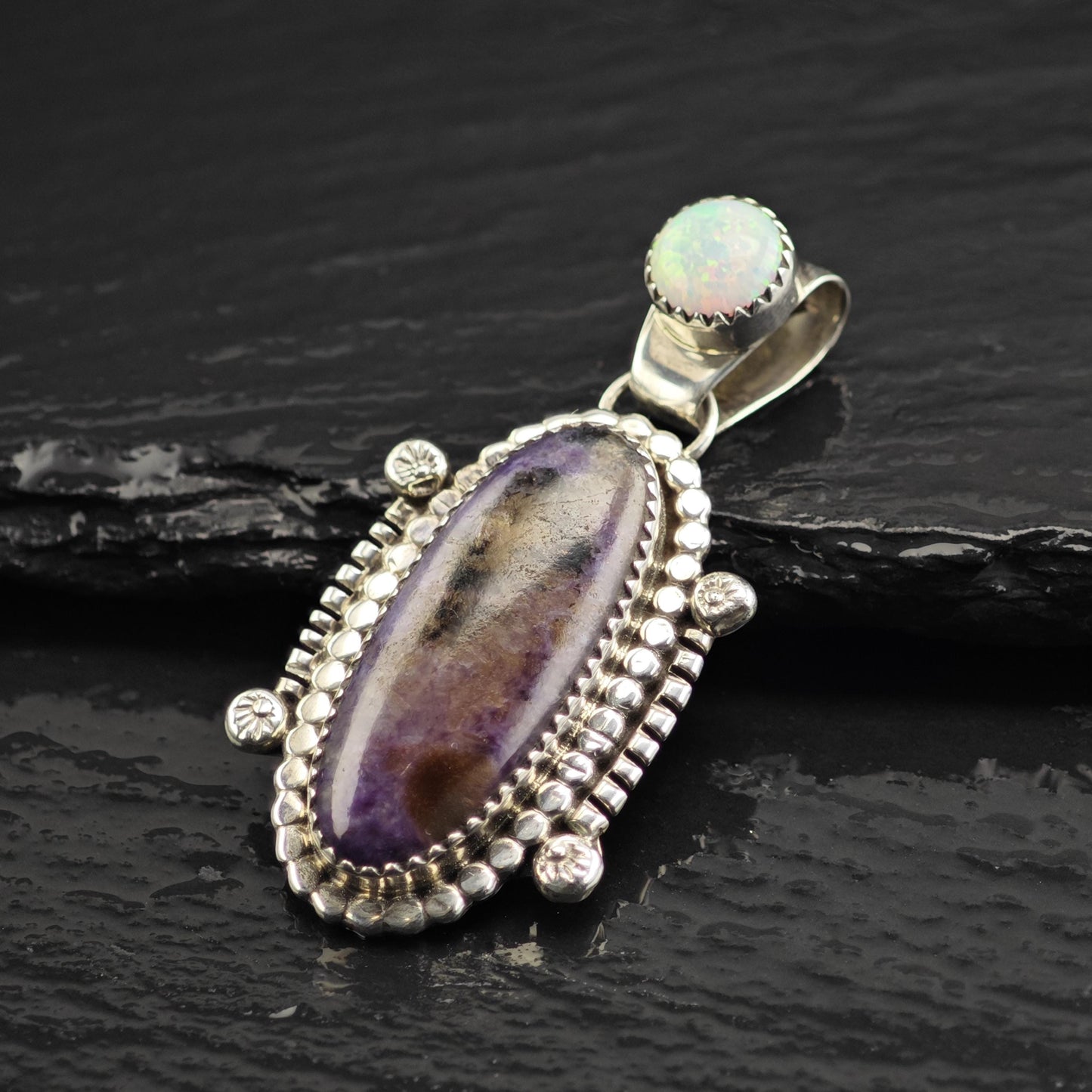 Vintage Running Bear Sugilite Lab Opal Pendant Sterling Silver P3056