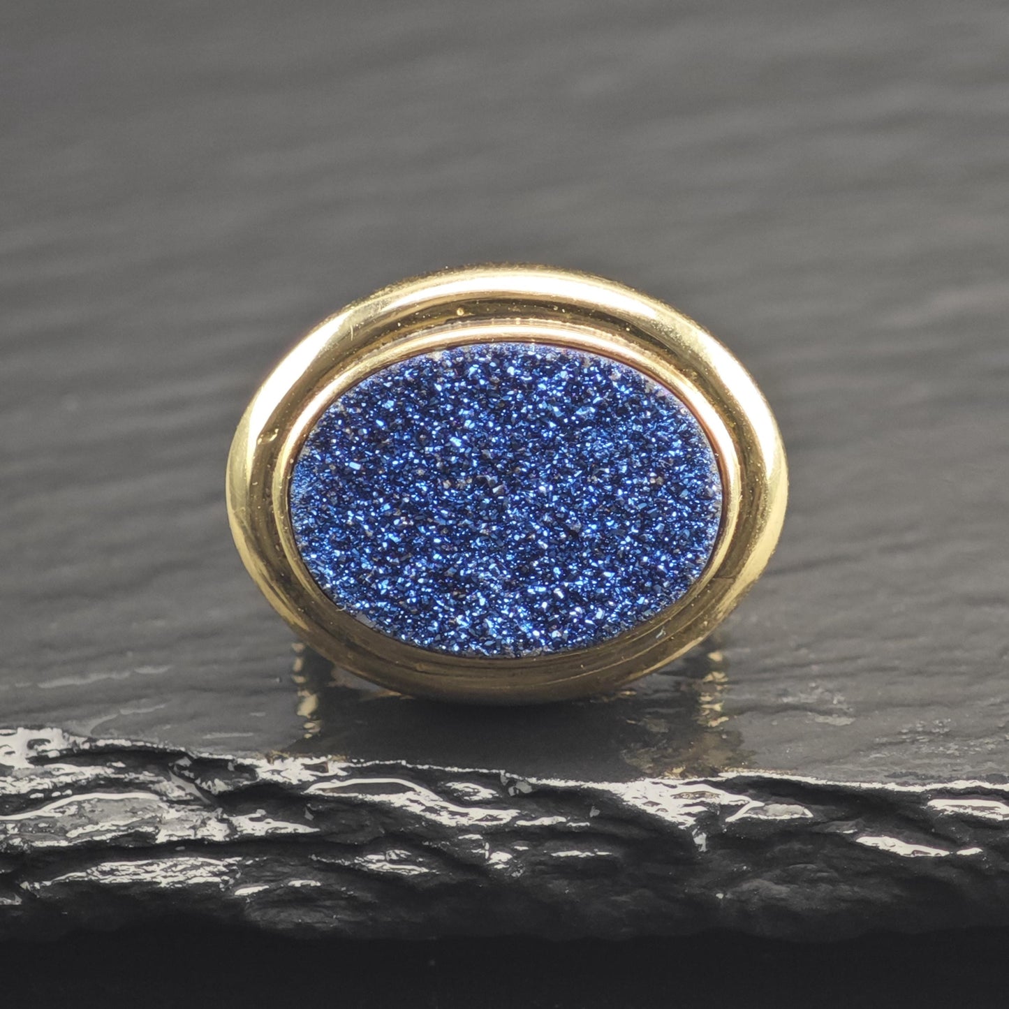 Blue Druzy Gold Plated Sterling Silver Ring Sz 6 1/4 R6678