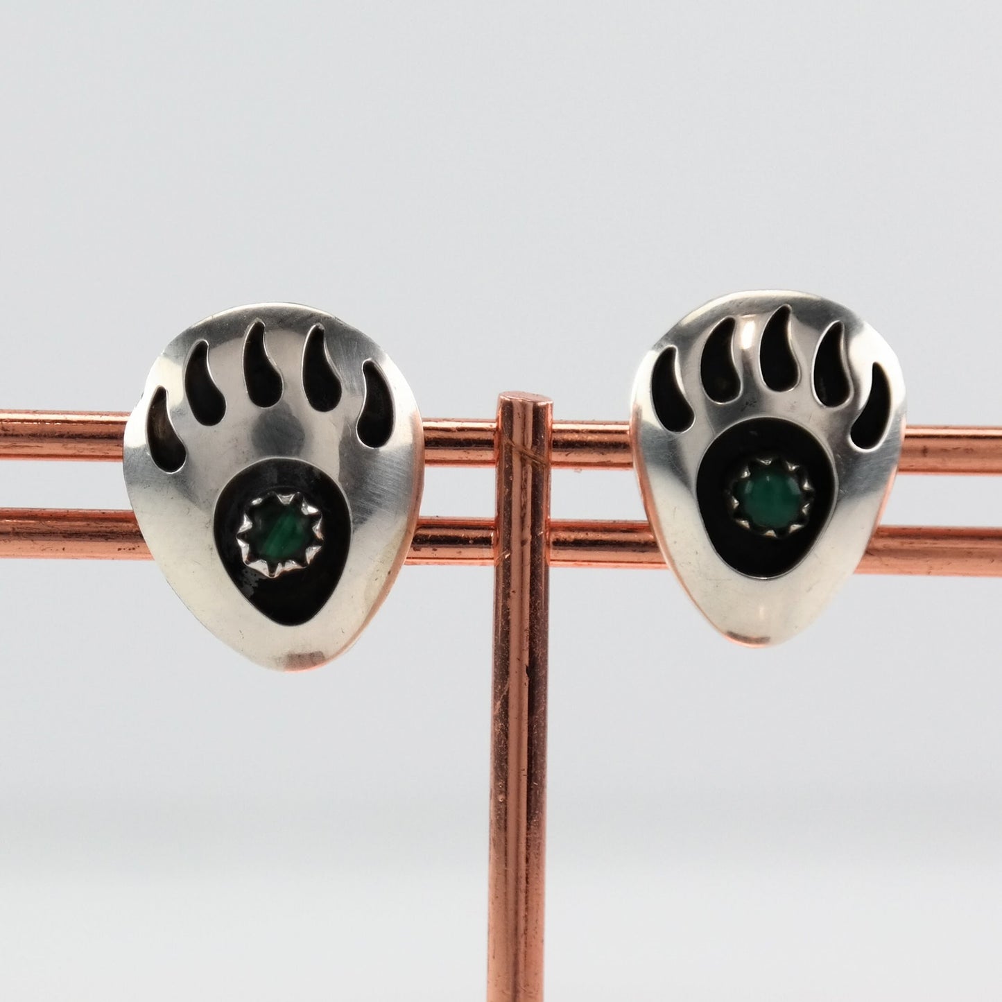 Southwest Sterling Silver Malachite Bear Paw Earrings Stud