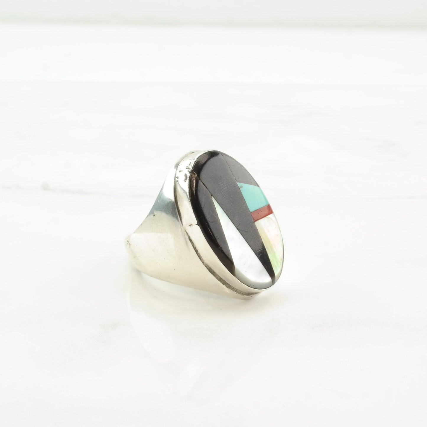 Native American Silver Ring MOP Turquoise Jet Coral Inlay Sterling Size 11 1/4