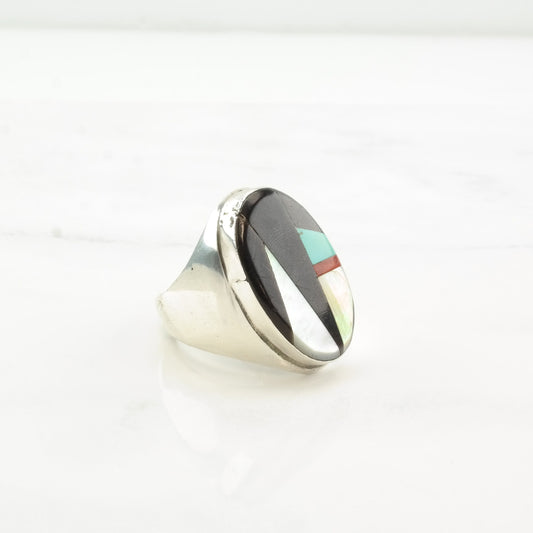 Native American Silver Ring MOP Turquoise Jet Coral Inlay Sterling Size 11 1/4