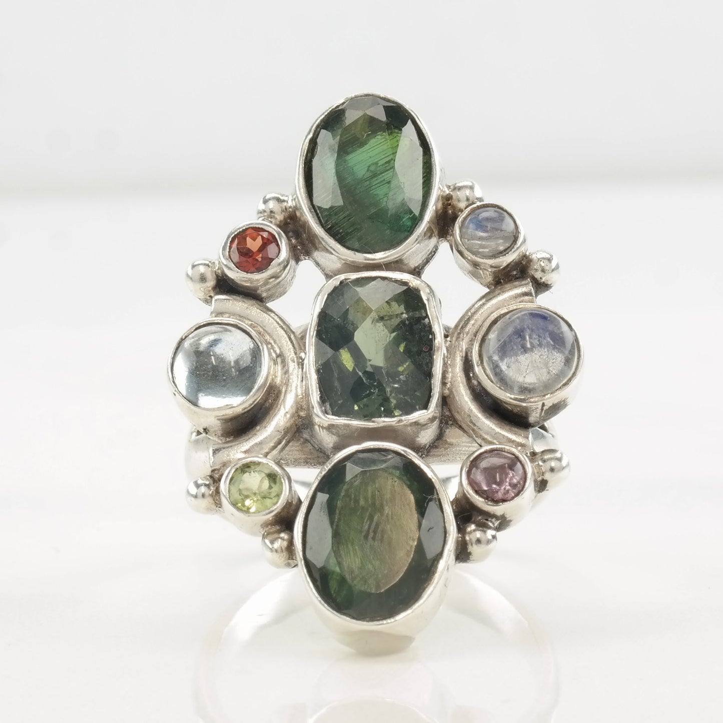 Sterling Silver Ring Green Diopside, Moonstone, Multi Gem Size 8