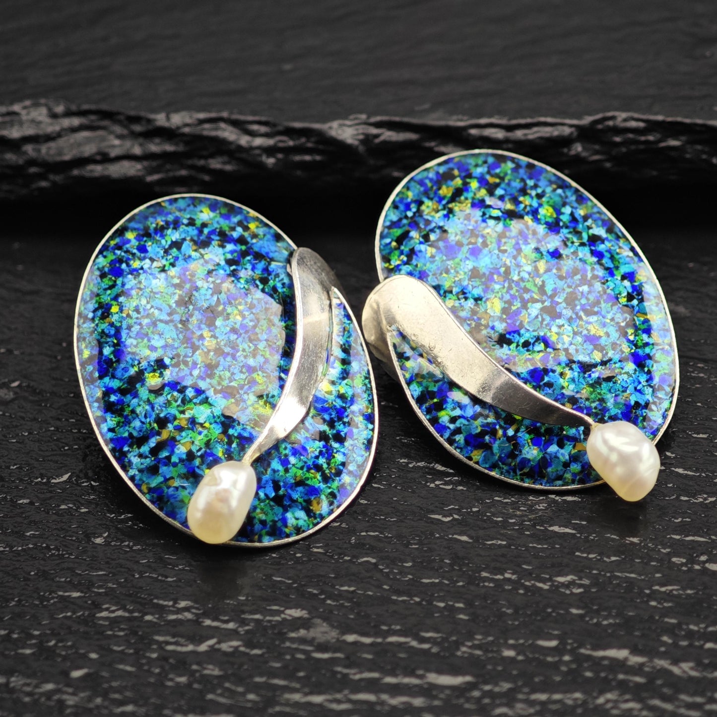 Modernist Handmade Pearl, Enamel Sterling Silver Stud Earrings ER3181