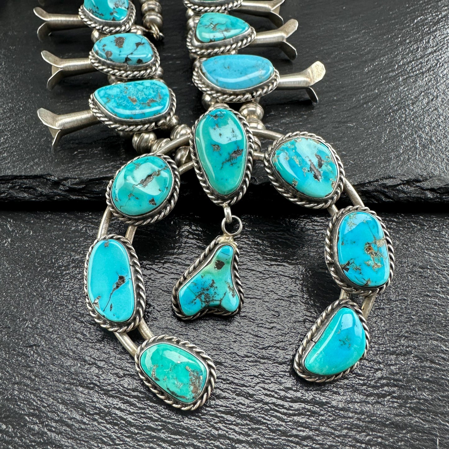Native American Sleeping Beauty Turquoise Squash Blossom Necklace in Sterling Silver