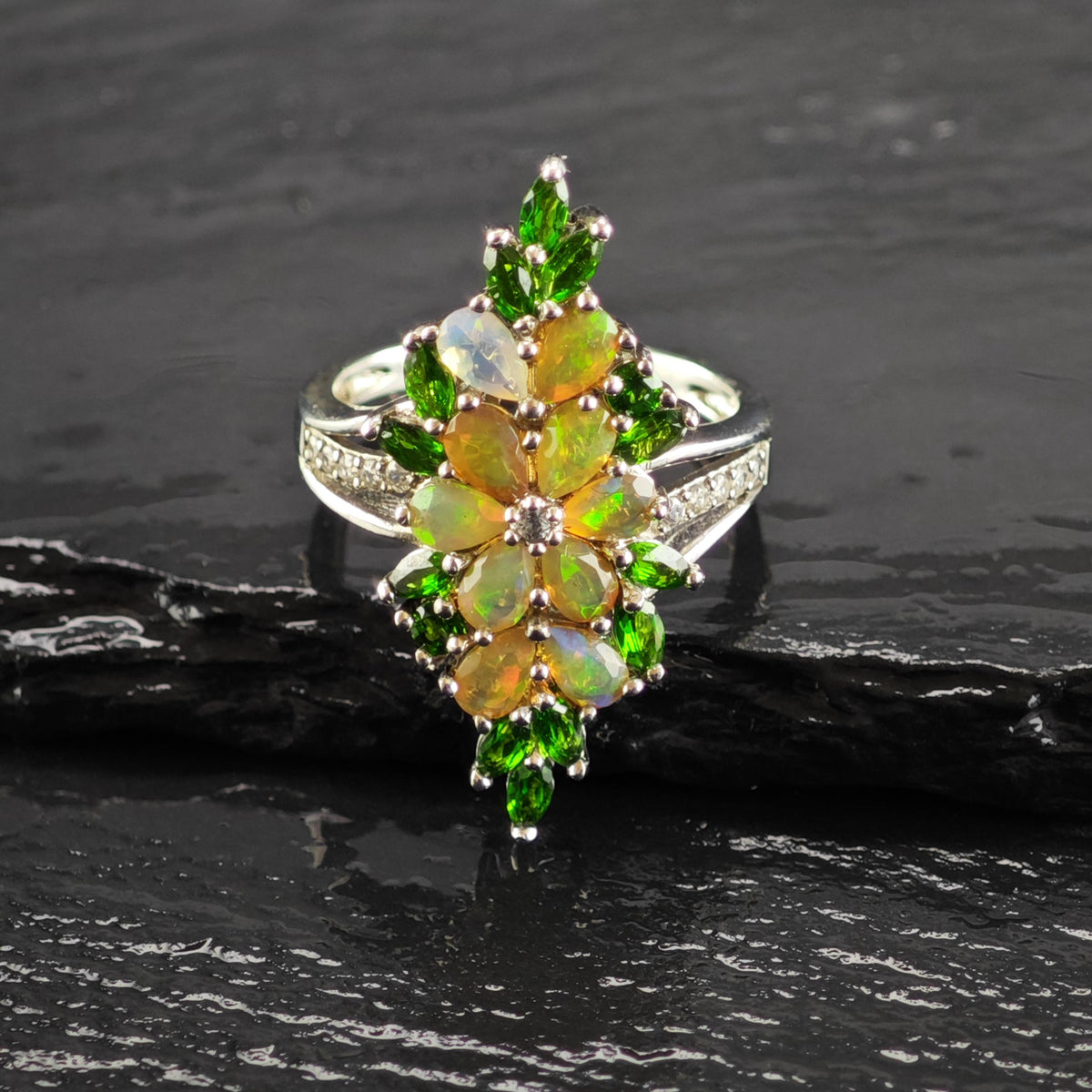 Opal Diopside Floral Cluster Sterling Silver Ring Sz 9 R6876