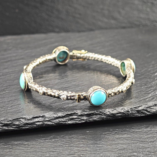 Brutalist Turquoise Diamond 18K Gold Accent Sterling Silver Bangle Bracelet