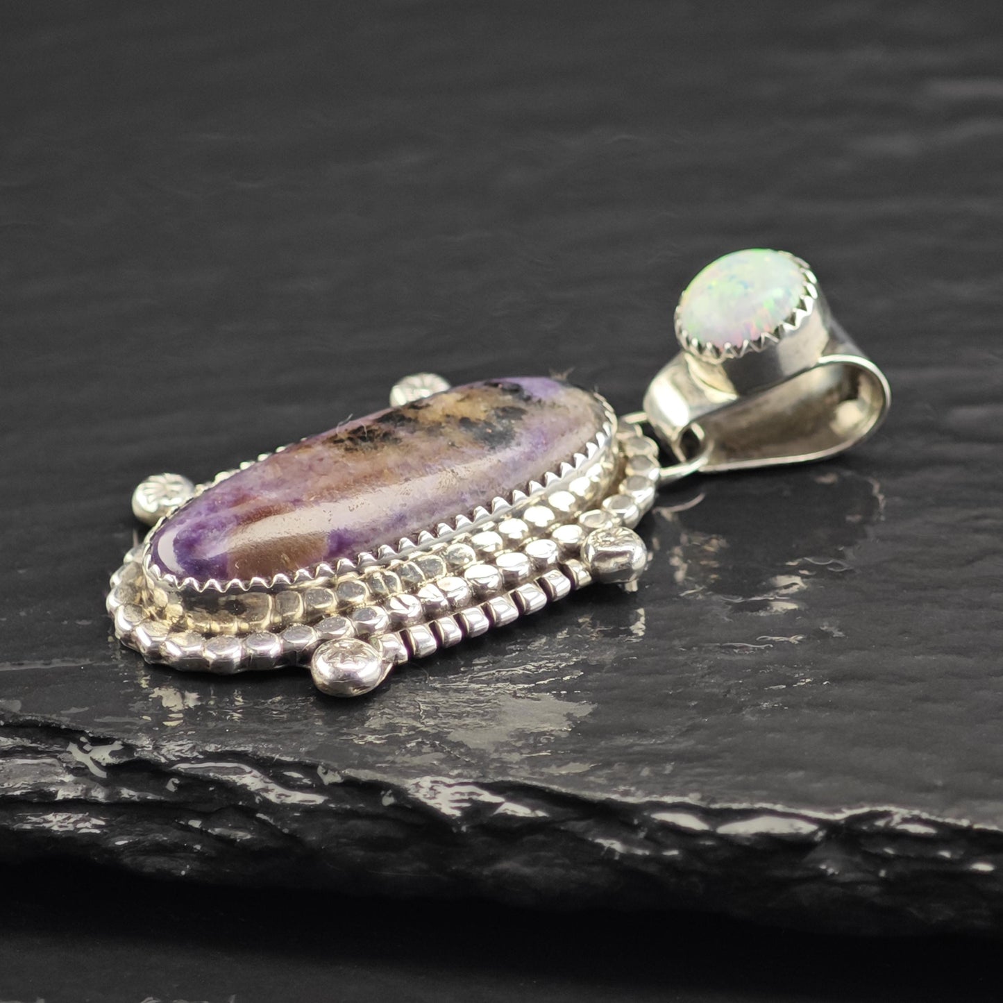 Vintage Running Bear Sugilite Lab Opal Pendant Sterling Silver P3056