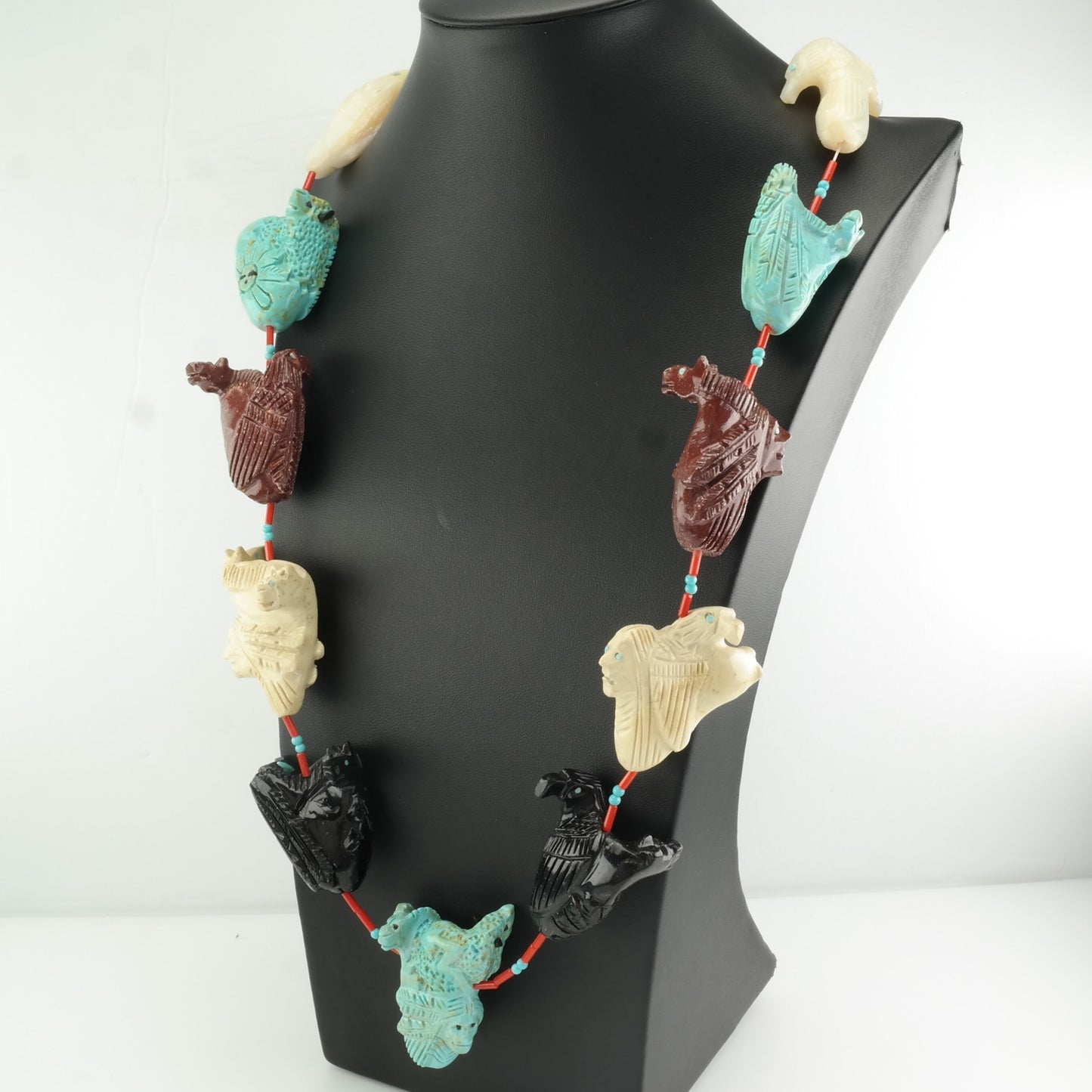 Southwest Sterling Silver Onyx, Block Turquoise Carved Animals, Faces Necklace