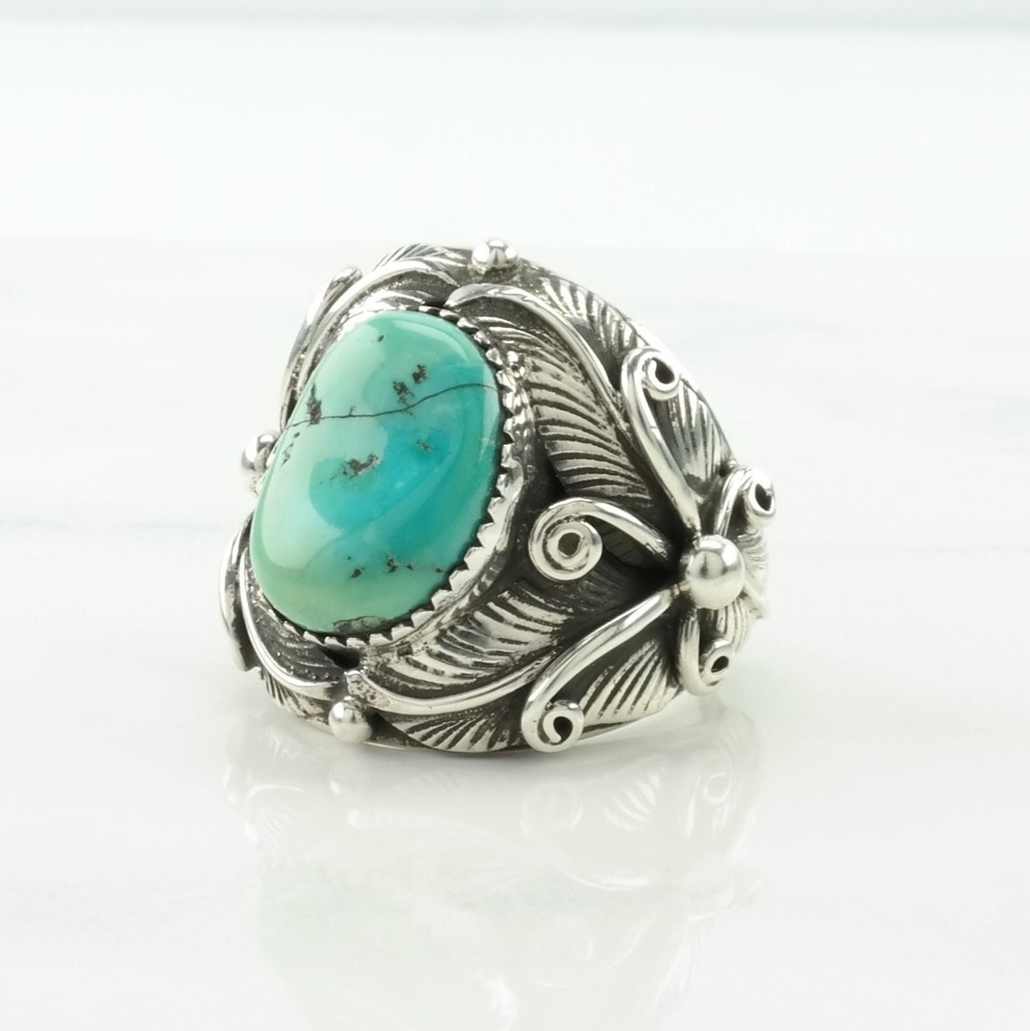 Native American Silver Ring Turquoise Leaf Sterling Blue Size 10