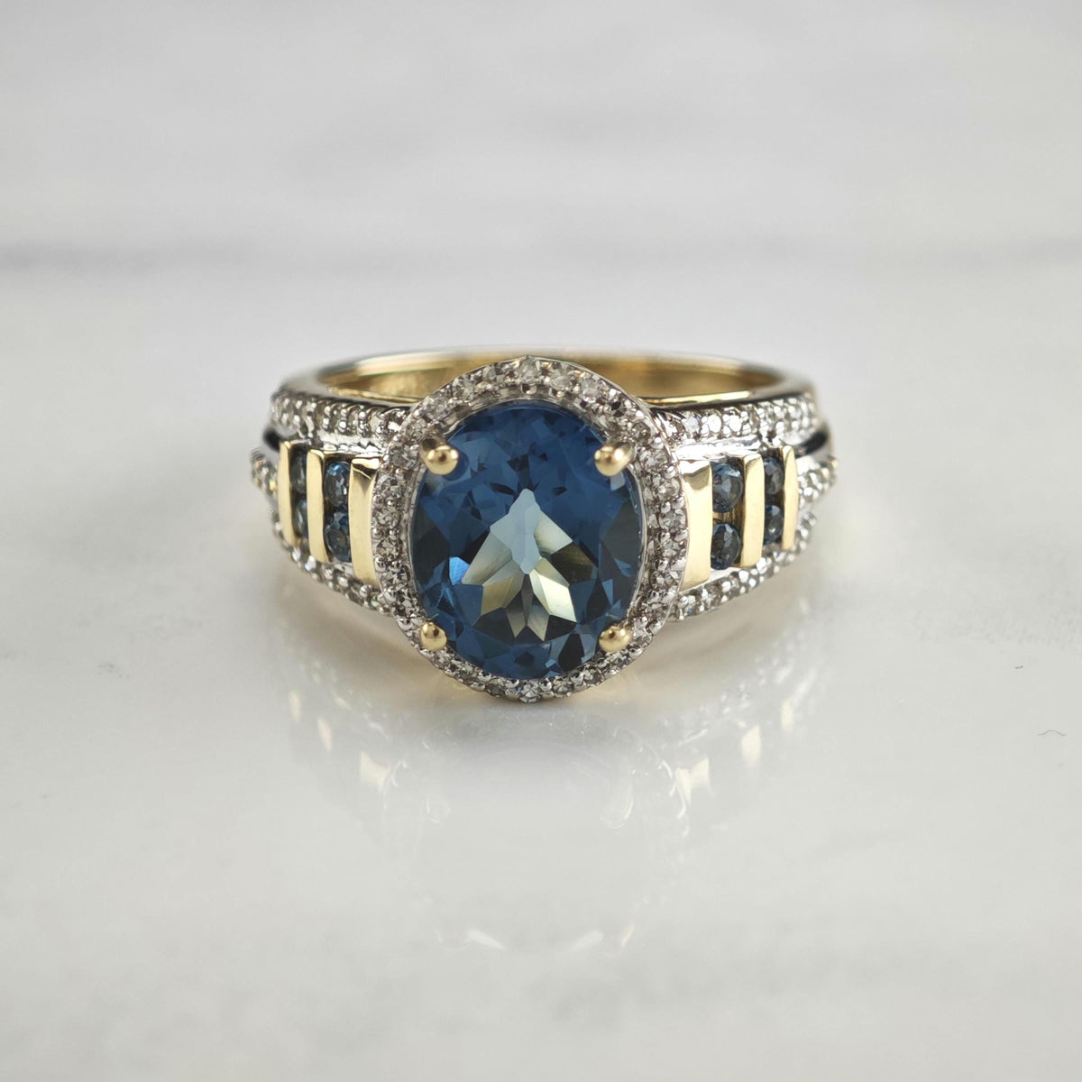 London Blue Topaz & Diamond 14K Gold Ring Sz 7 R6795