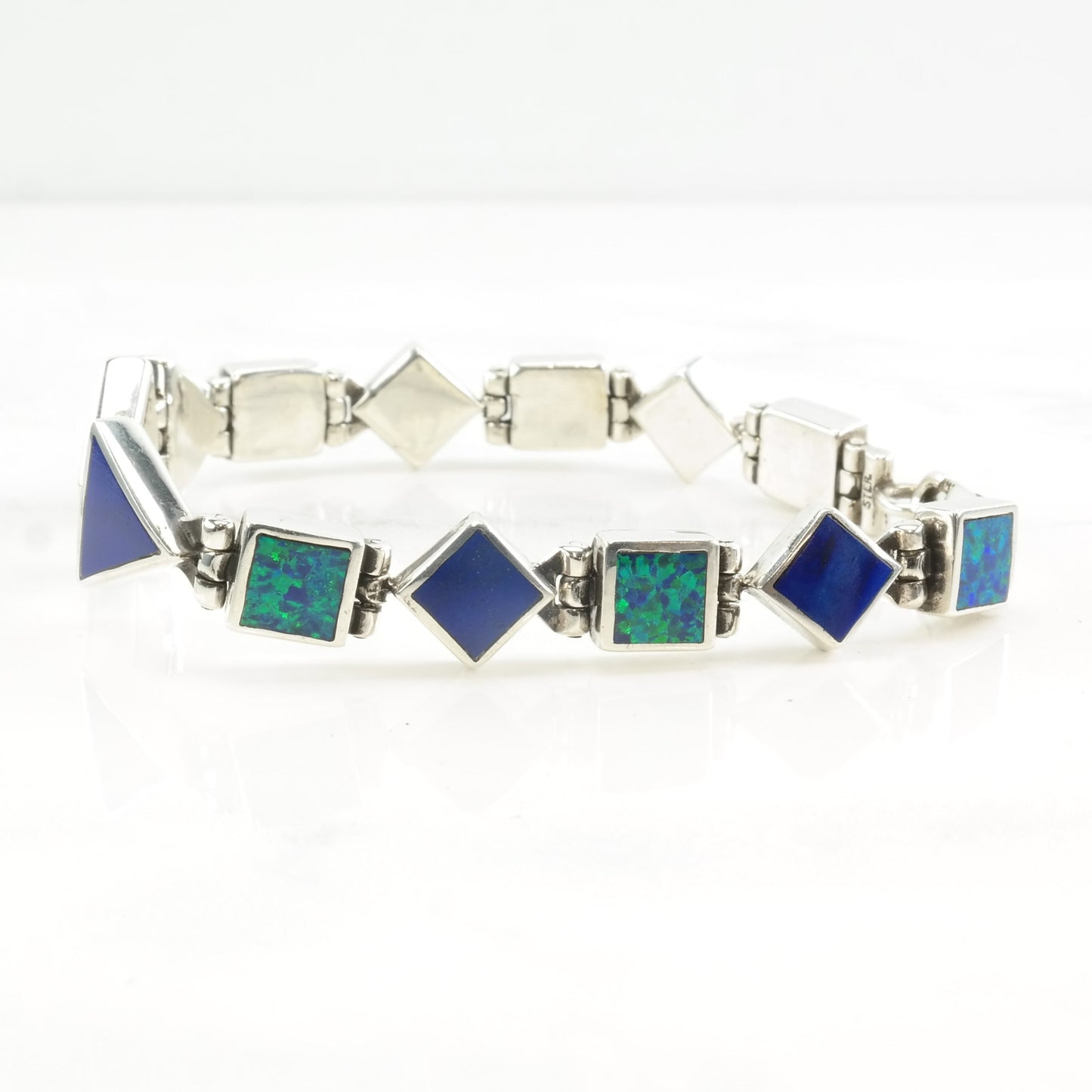 Southwest Sterling Silver Link Bracelet Sparkling Lapis Lazuli Lab Opal Inlay Geometric