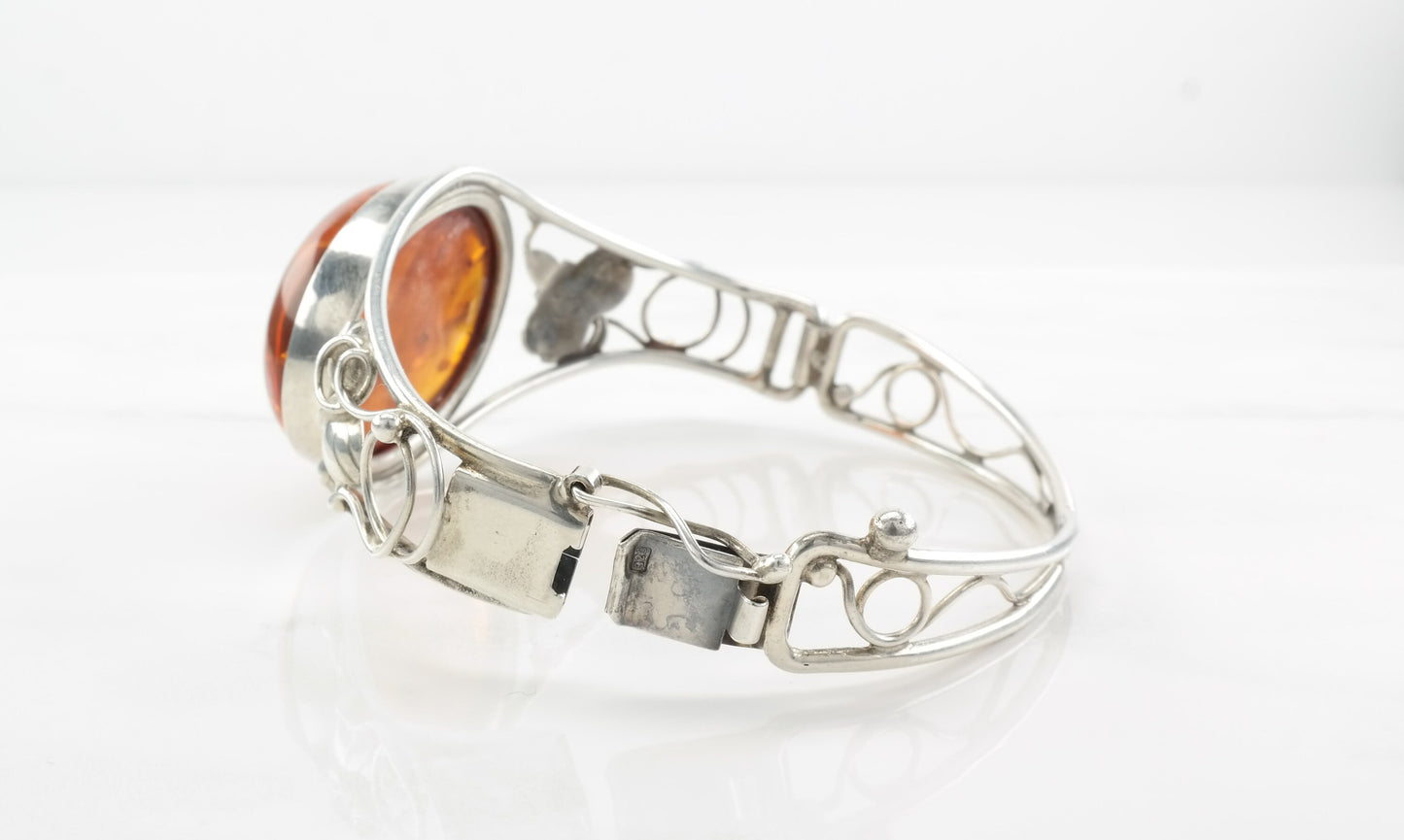 Modernist Sterling Silver Bangle Bracelet Orange Natural Amber