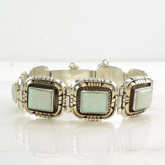 Navajo Sterling Silver Link Bracelet Lab Opal Two Tone