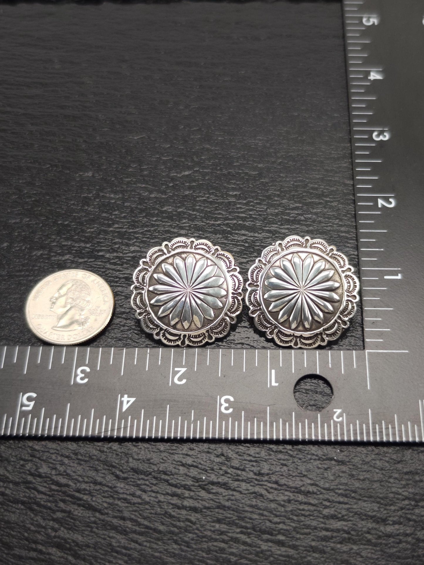 Vintage Concho Round, Shield Stud Earrings Sterling Silver