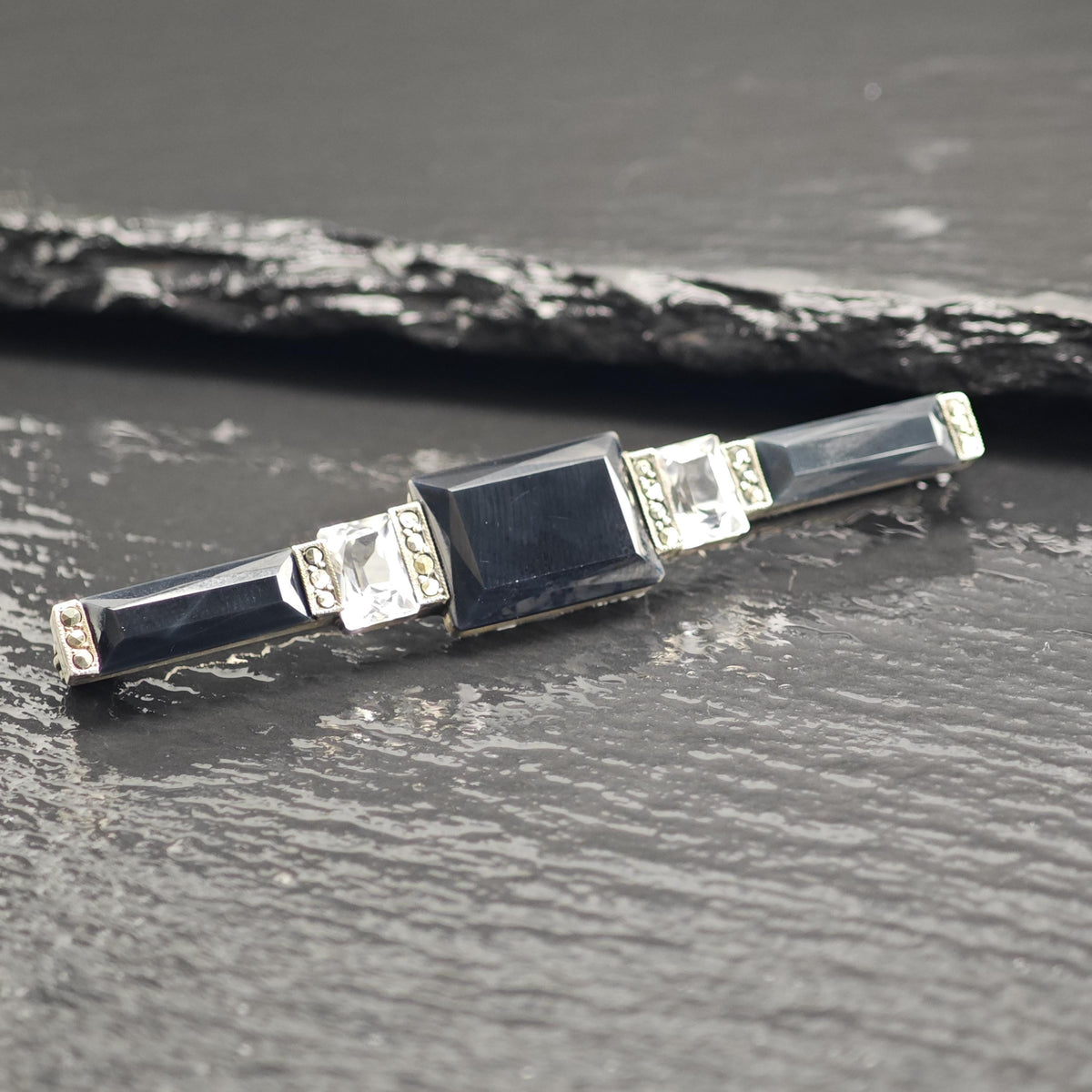 Art Deco Rock Crystal, Marcasite Onyx Sterling Silver Brooch B2255