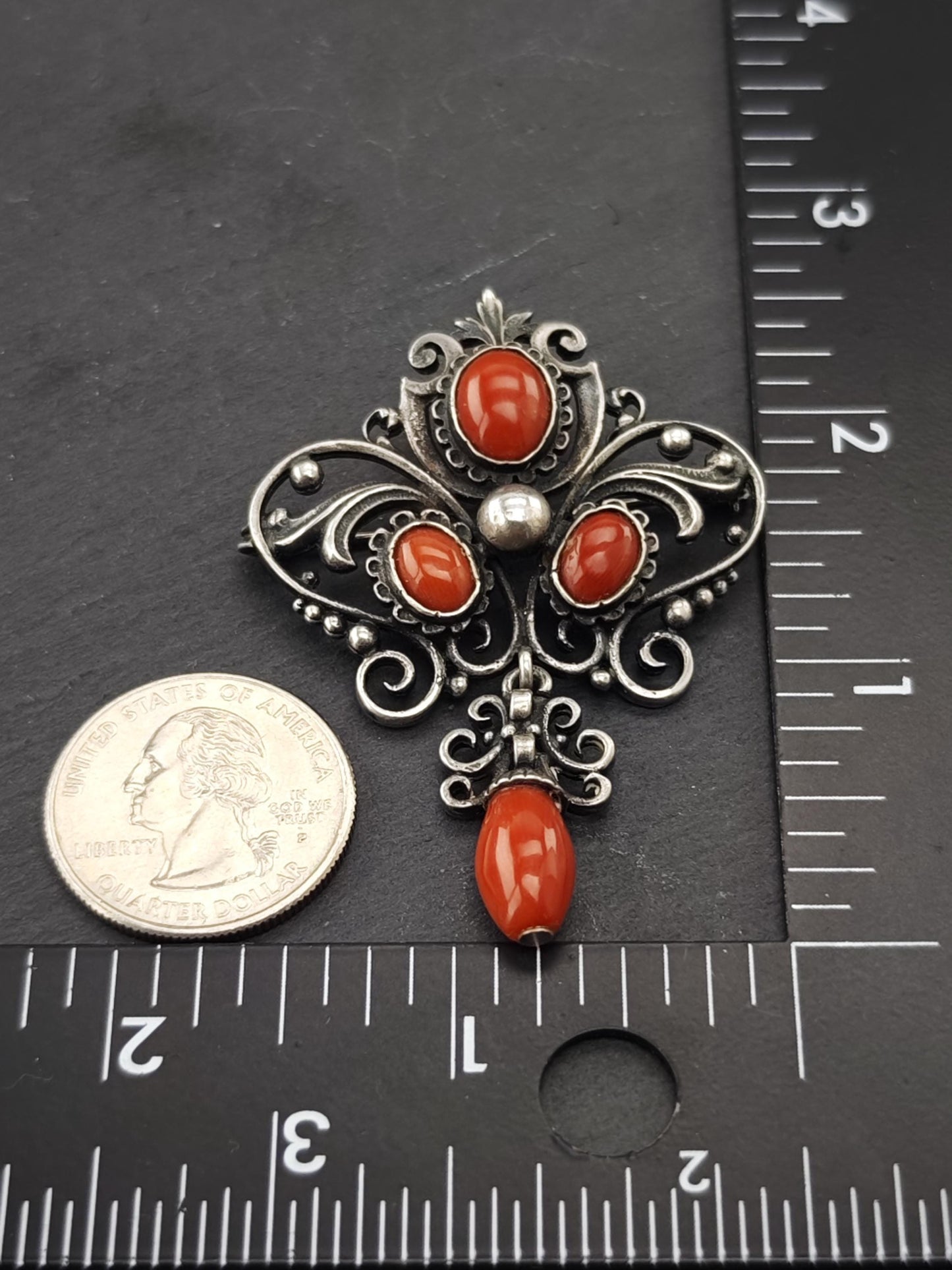 Late Victorian Red Coral Sterling Silver Brooch