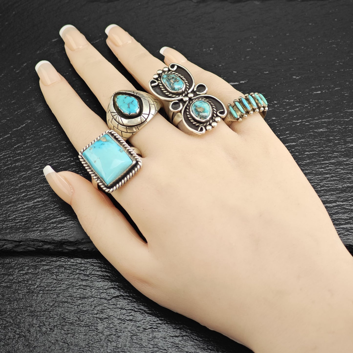 Zuni, Needle Point Turquoise Sterling Silver Ring Sz 8 3/4 R6625